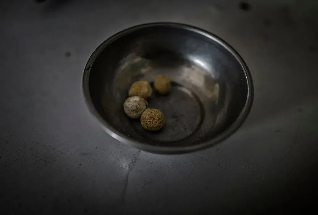 Balls of purified gold are displayed at a gold dealer in La Rinconada. Peru, 2019. Image by James Whitlow Delano.