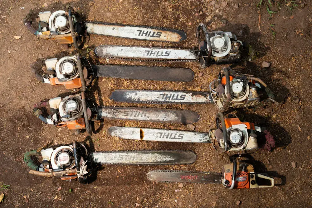 Chainsaws confiscated from loggers in the Phnom Tnout Phnom Pok Wildlife Sanctuary. Image by Sean Gallagher. Cambodia, 2020.<br />
