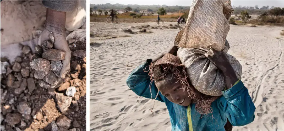 Left: A miner holds chunks of cobalt he has dug out at the Kasulo mine near Kolwezi in the DRC. Right: An 11-year-old mine worker named Daniel carries a bag of cobalt from a dig site to a depot to be sold. Image by Sebastian Meyer. Democratic Republic of Congo, 2018.