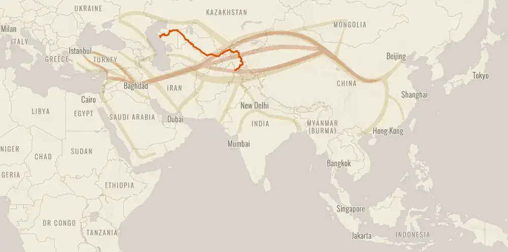 Salopek's walking route from the Caspian Sea to Afghanistan; generalized routes of the Silk Road. Image courtesy of Esri/National Geographic. 2018.