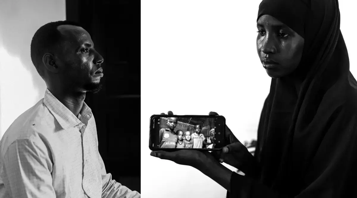 A diptych image showing a side profile of a man on the left and a woman holding a phone with an image of her nephew on the right