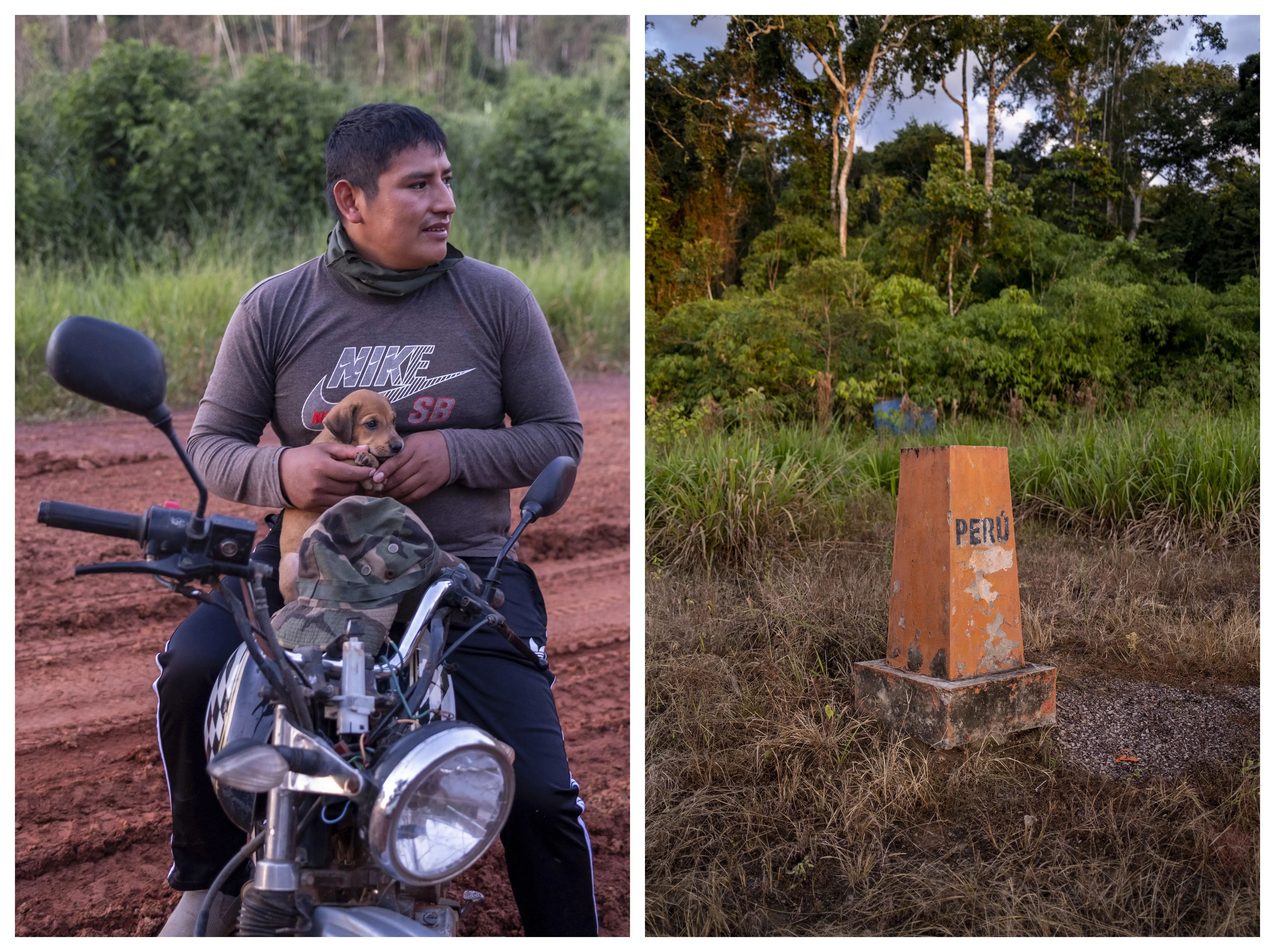 Right: a man on a motorcycle with a puppy in his lap. Right: a metal cone denoting the border between 