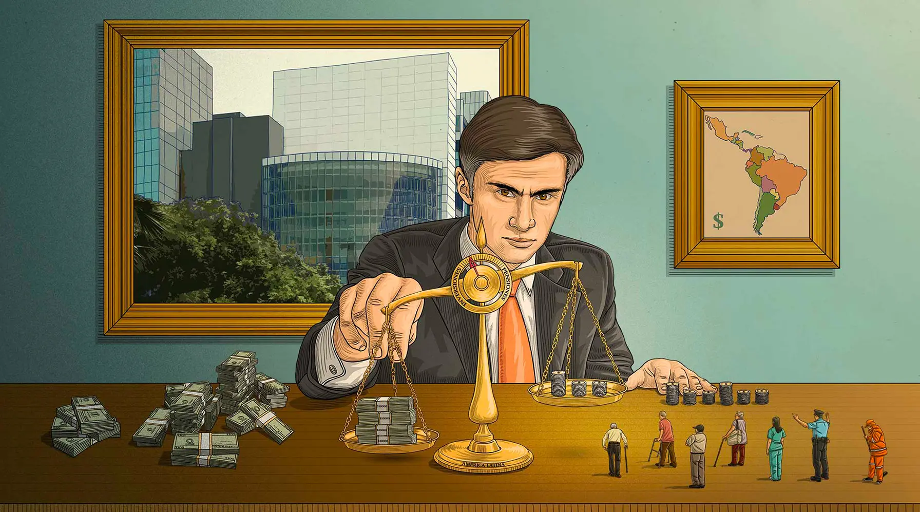 Drawing of man in a suit sitting at a table next to lots of money