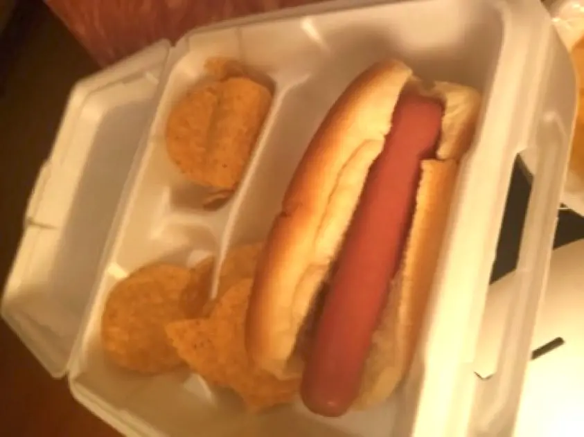 Image of a hot dog and chips in a styrofoam container.