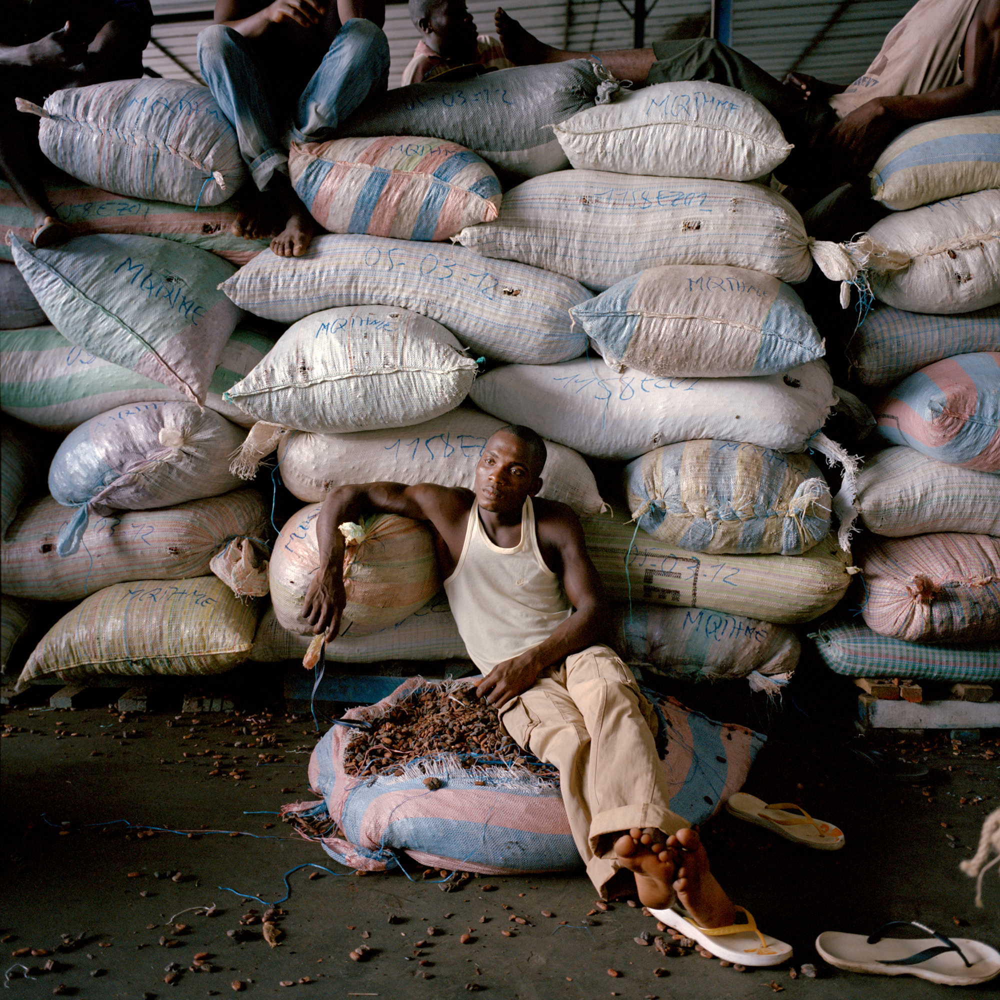 A manual laborer rests amid sacks of cocoa at Saf Cacao, the largest nationally owned cocoa exporter in Ivory Coast. Image by Peter DiCampo. San Pedro, Ivory Coast, 2012. Media file: -9.jpg