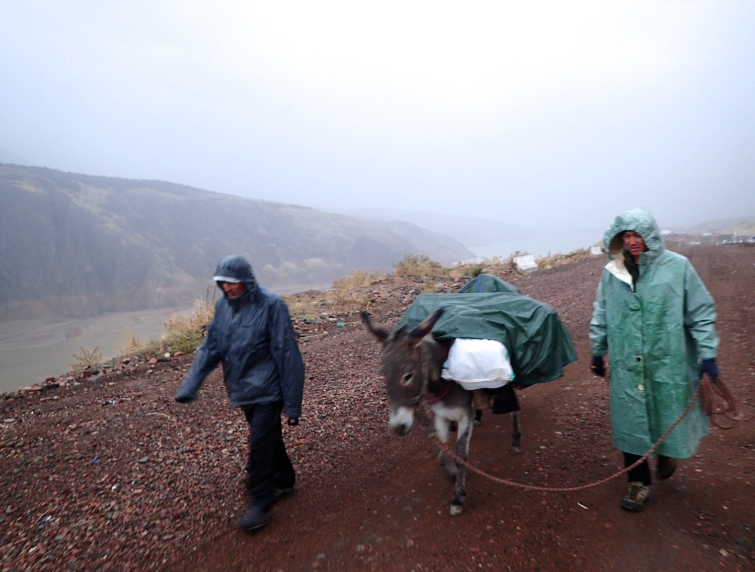 Paul Salopek's guides, Aziz and Tolik, steer the walking party's mules through a cold and mountainous region of Uzbekistan. Image by Paul Salopek. Uzbekistan, 2016. Paul Salopek's guides walk through a wet and cold Uzbek mountain region.