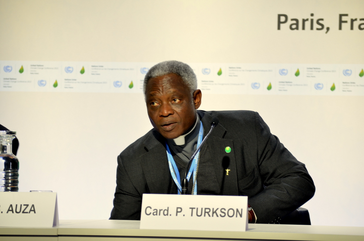 Cardinal Peter Turkson helped guide the writing of Pope Francis' unprecedented teaching document on environmental protection. Here he participates in the Holy See's first-ever press conference at the UN Climate Summit. Image by Justin Catanoso. France, 2014. Media file: turkson.jpg