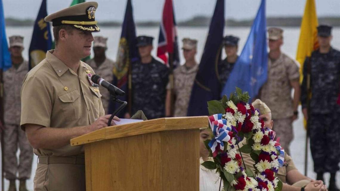 Capt. John “J.R.” Nettleton, then commanding officer of Navy base Guantánamo Bay, Cuba, delivers remarks during a Battle of Midway commemoration ceremony on June 3, 2014. Pentagon handout photo/Image courtesy of McClatchy. Capt. John “J.R.” Nettleton, then commanding officer of Navy base Guantánamo Bay, Cuba, delivers remarks during a Battle of Midway commemoration ceremony on June 3, 2014. Pentagon handout photo/Image courtesy of McClatchy.