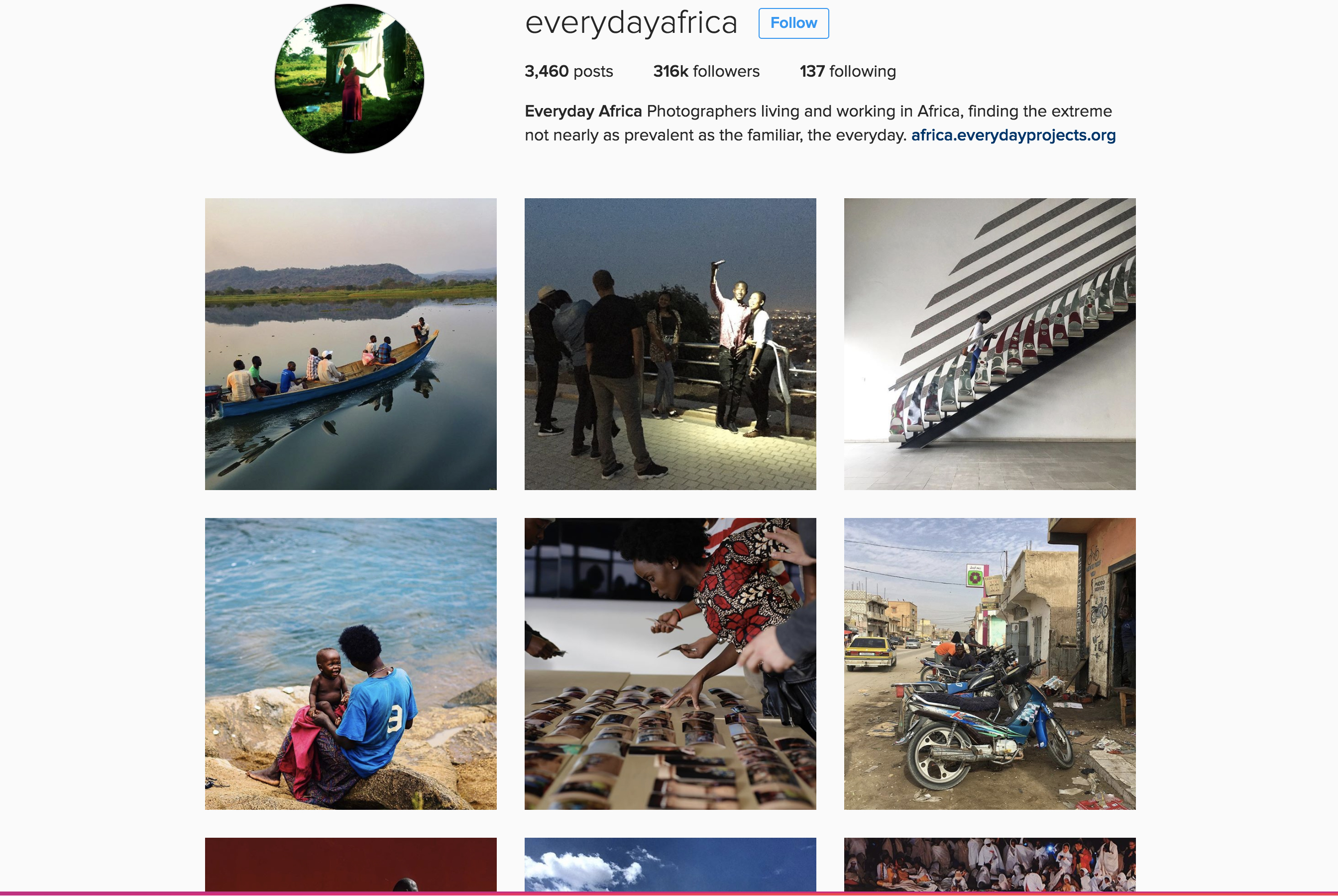 Screenshot of Everyday Africa Instagram website, 2017. A screen shot of Everyday Africa's Instagram feed, showing a collection of new photographs of Africans living their lives on the continent.