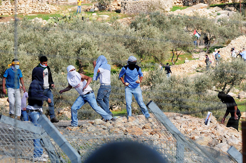 Palestinians demonstrate against land confiscation in Bil'in. Image by Israel Defense Forces. Licensed under Creative Commons. Palestine, 2011. Media file: 800px-flickr_-_israel_defense_forces_-_bilin_riot_jan_2011_4.jpg