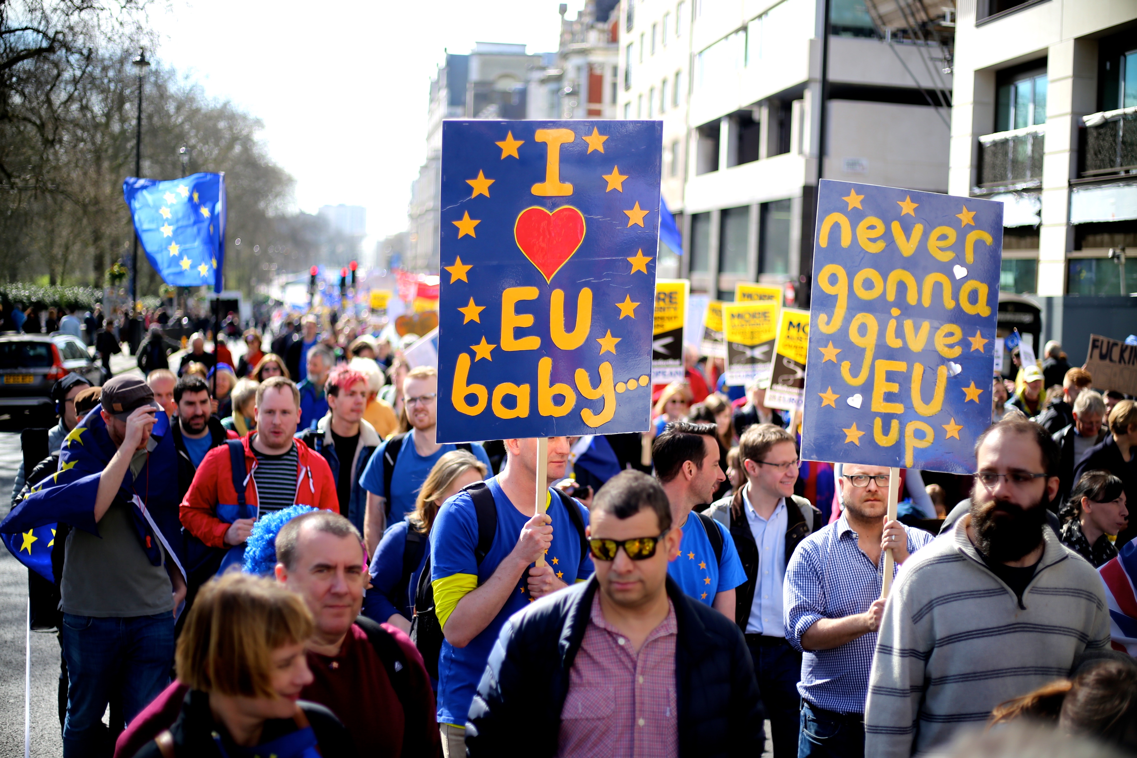 The pro-EU march from Hyde Park to Westminster in London on March 25, 2017, to mark 60 years since the EU's founding agreement, the Treaty of Rome. Image by Ilovetheeu. United Kingdom, 2017. The pro-EU march from Hyde Park to Westminster in London on March 25, 2017, to mark 60 years since the EU's founding agreement, the Treaty of Rome. Image by Ilovetheeu. United Kingdom, 2017.
