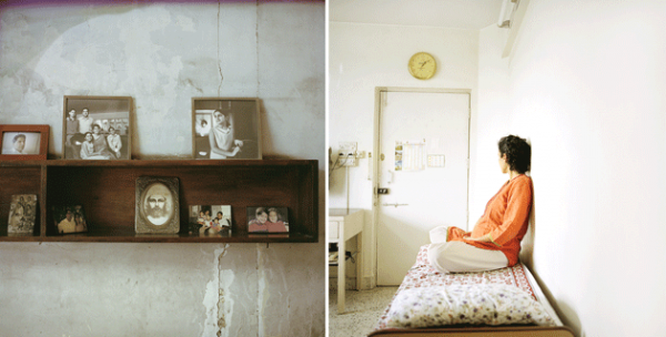 Left: Family photos in a Parsi home. Right: Parveen Pavri (not her real name) in the living room of her apartment. Image by Chiara Goia. India, 2015. Media file: parsi.png