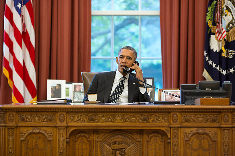 President Obama talks with the President of Iran, Hassan Rouhani, during a telephone call in the Oval Office on 27 September 2013. Image by Pete Souza/The White House. Courtesy of Wikimedia Commons. United States, 2013. Media file: 800px-barack_obama_on_the_telephone_with_hassan_rouhani.jpg