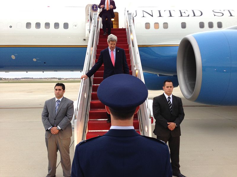 U.S. Secretary of State John Kerry arrives at Andrews Air Force Base after his 10-day trip to Istanbul, Jerusalem, Ramallah, London, Tokyo, Seoul, and Beijing on April 15, 2013. Image by U.S. State Department. Courtesy of Wikimedia Commons. United States, 2013.