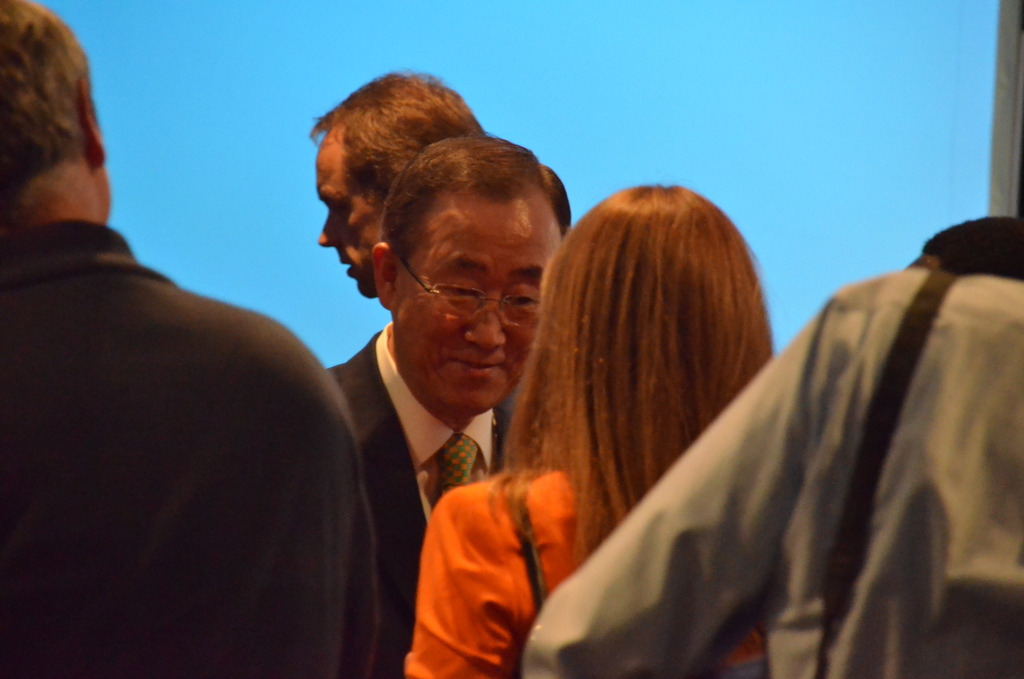 Ban Ki-moon, UN general secretary, at the climate summit in Lima, Peru, in December 2014. Image by Justin Catanoso. Peru, 2014. Media file: greets_journalists.jpg