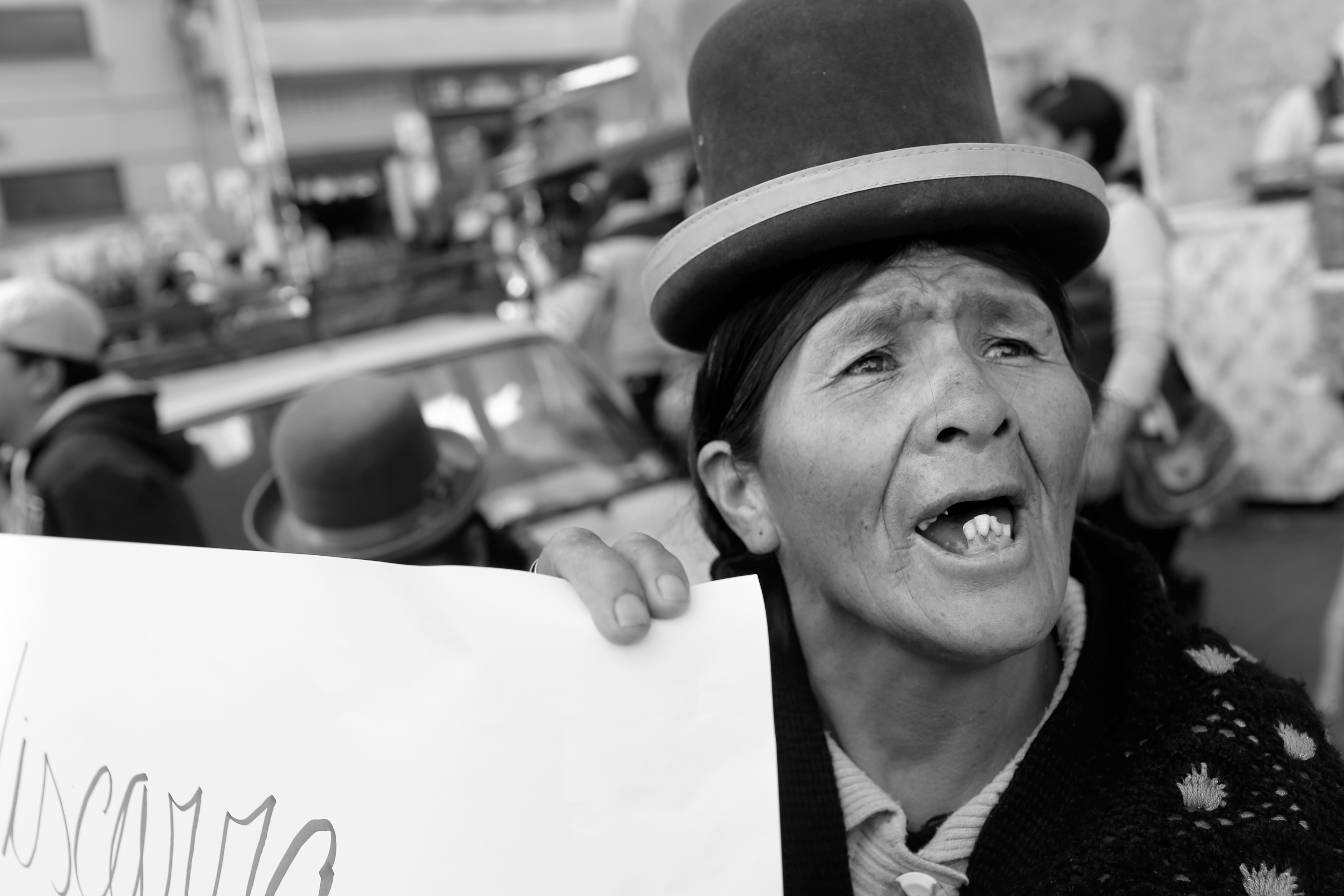 An Aymara woman demands justice after a recent femicide in La Paz, Bolivia. In the past two years, the issue of violence against women has become much more visible in Bolivia, but stereotypes and sensationalism still taint the coverage. Image by Noah Friedman Rudovsky. Bolivia, 2014.
