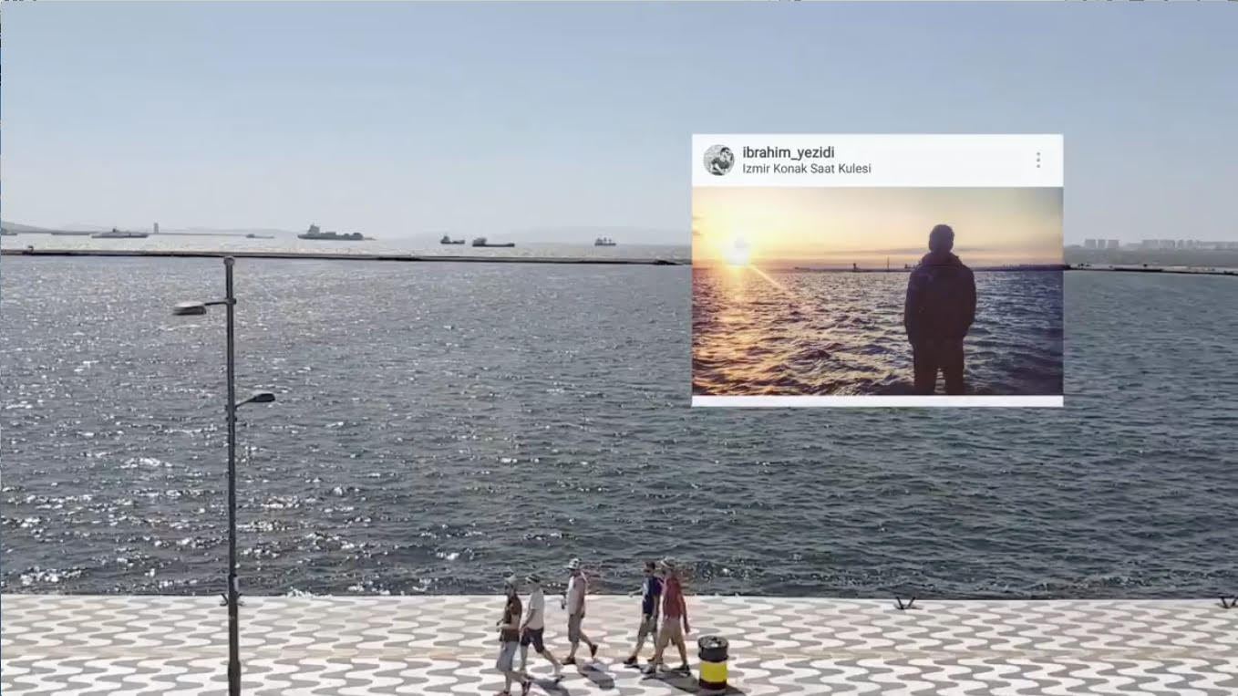 A shot of video footage of Izmir, Turkey, overlaid with images posted by refugees on Instagram from those same sites. Image by Tomas van Houtyryve. Turkey, 2016. A shot of video footage of Izmir, Turkey, overlaid with images posted by refugees on Instagram from those same sites. Image by Tomas van Houtyryve. Turkey, 2016.