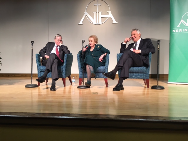 Stephen Hadley, Madeleine Albright, and Jon Sawyer at Nerinx Hall High School. Image by Kem Sawyer. St. Louis, 2017. Media file: narinx.jpg