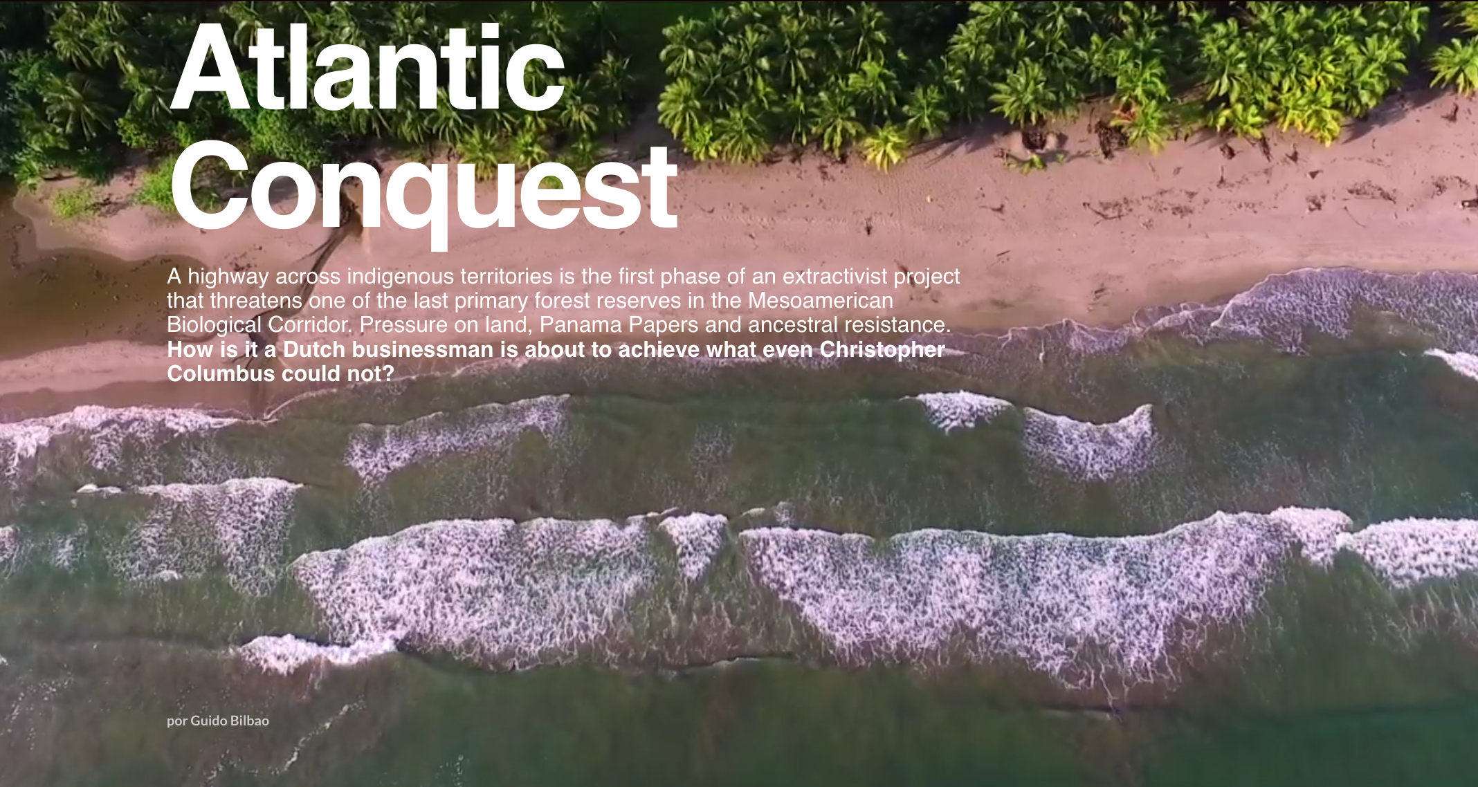 The "Atlantic Conquest" multimedia reporting project was developed and reported by Sol Lauría and Guido Bilbao after receiving a 2017 data journalism and property rights grant. Media file: The landing page for the Atlantic Conquest project