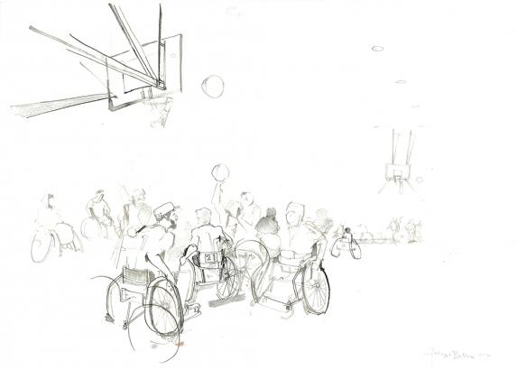 The ICRC runs a wheelchair basketball program for men and women. It is brilliantly competitive and a great spectator sport. Illustration by George Butler. Afghanistan, 2014. Media file: wheelchair_basketball.jpg