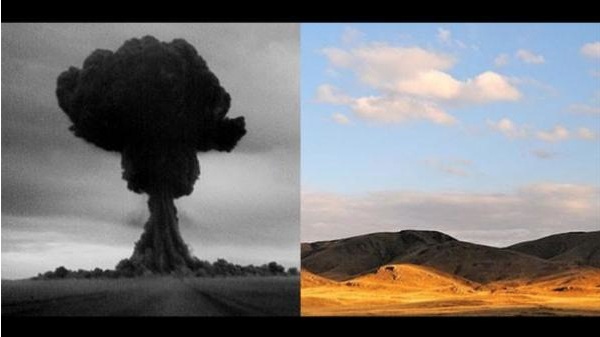 At left: A plutonium bomb detonates in the first Soviet nuclear test, code-named “First Lightning,” conducted Aug. 29, 1949, at the Semipalatinsk test site in Kazakhstan. At right: The foothills of the Degelen Mountain complex at Semipalatinsk. Image at left courtesy of Universal Images Group, via Getty Images; Right, courtesy of U.S. Department of Defense. Media file: kazakhstan_nuclear_test_region.jpg