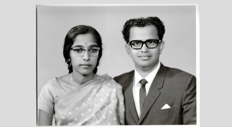 Studio photo of Indira and Bala Pillay. The Pillays lived in Singapore for a year before deciding to immigrate to the U.S. Image courtesy of Kavita Pillay/WGBH News. Studio photo of Indira and Bala Pillay. The Pillays lived in Singapore for a year before deciding to immigrate to the U.S. Image courtesy of Kavita Pillay/WGBH News.