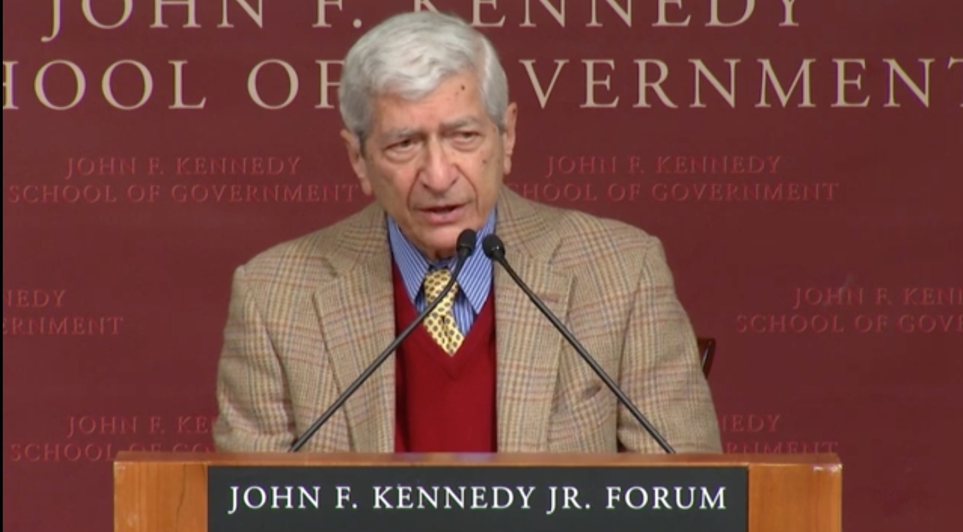 Marvin Kalb giving his speech after being awarded the Goldsmith Career Award for Excellence in Journalism. Harvard's Shorenstein Center on the Media, Politics and Public Policy, 2015. Media file: screen_shot_2015-03-05_at_4.39.58_pm.jpg