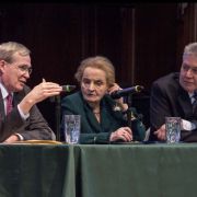 Former National Security Advisor Stephen Hadley, former Secretary of State Madeleine Albright, and Pulitzer Center Executive Director Jon Sawyer at Washington University discussing "A New Approach to the Middle East." Image by Lauren Shepherd. United States, 2017. Former National Security Advisor Stephen Hadley, former Secretary of State Madeleine Albright, and Pulitzer Center Executive Director Jon Sawyer at Washington University discussing "A New Approach to the Middle East." Image by Lauren Shepherd. United States, 2017.
