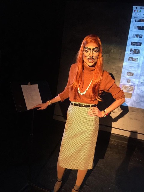 Ms. Saltine in full makeup at the Frontier Theatre performing her newest work, Impressions. Image courtesy of Will Curtis. United States, 2019. Ms. Saltine in full makeup at the Frontier Theatre performing her newest work, Impressions. Image courtesy of Will Curtis. United States, 2019.