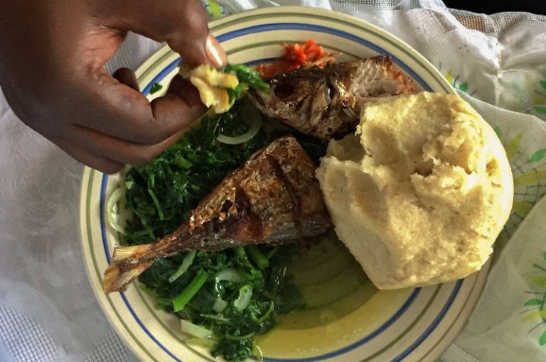 A typical meal in the Democratic Republic of Congo consists of greens, fufu - a starchy ball made from cassava flour - and meat, such as freshwater fish. Image by Amy Maxmen. DRC, 2017. A typical meal in the Democratic Republic of Congo consists of greens, fufu - a starchy ball made from cassava flour - and meat, such as freshwater fish. Image by Amy Maxmen. DRC, 2017.