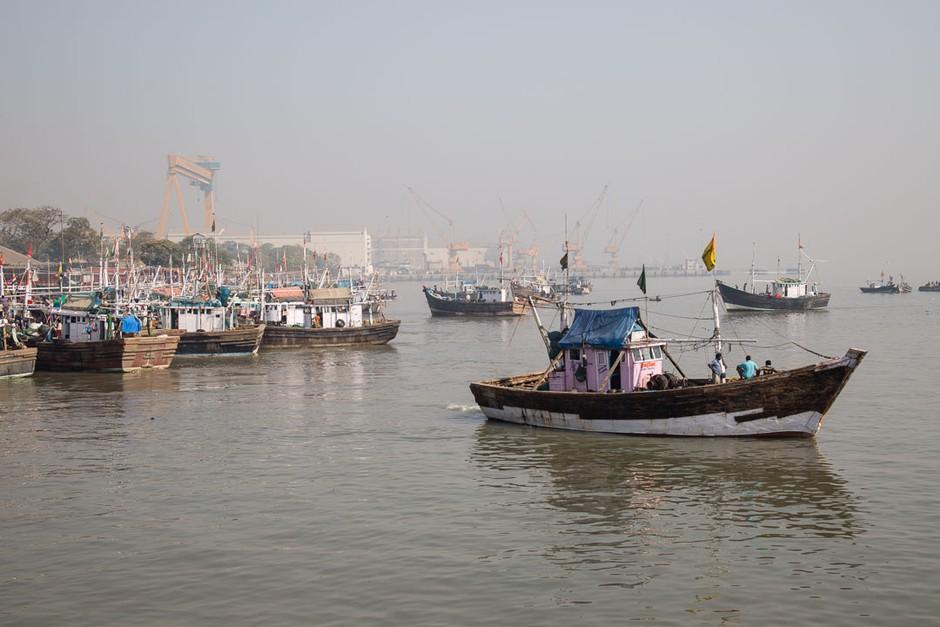 Mazagon Dock, India’s leading shipyard, looms above the Mumbai Port. (The Megacity Initiative). Image by Matthew Niederhauser. India, 2015. Media file: 2f2699b90.jpg