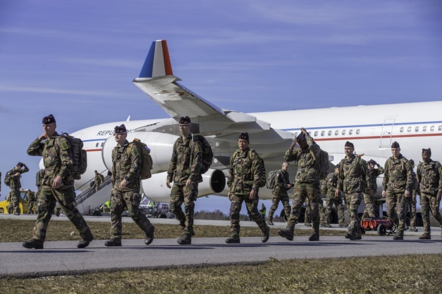 A photo from the Estonian Ministry of Defense information center shows French soldiers landing at Amari Air Base, Estonia, on April 4. The troops are part of an expanded NATO contingent in the Baltic countries. Ardi Halismaa/European Pressphoto Agency. A photo from the Estonian Ministry of Defense information center shows French soldiers landing at Amari Air Base, Estonia, on April 4. The troops are part of an expanded NATO contingent in the Baltic countries. Ardi Halismaa/European Pressphoto Agency.