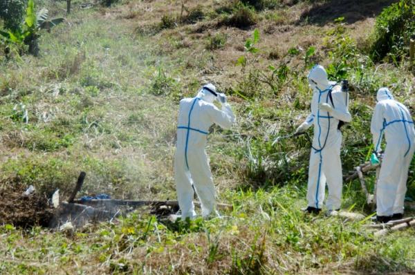 An unpaid burial worker in Kenema taking off and burning his protective clothes. Image by Amy Maxmen. Sierra Leone, 2015.