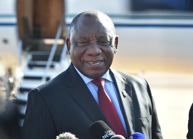 President Cyril Ramaphosa briefing the media about the country's first case of Covid-19 Coronavirus at Waterkloof Airforce base in Pretoria. Image courtesy of Government Communication Information System (GCIS). South Africa, 2020. President Cyril Ramaphosa briefing the media about the country's first case of Covid-19 Coronavirus at Waterkloof Airforce base in Pretoria. Image courtesy of Government Communication Information System (GCIS). South Africa, 2020.