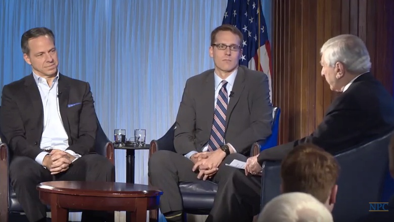 Still from April 8 Kalb Report with CNN anchor Jake Tapper and Washington Post political reporter David Fahrenthold. Marvin Kalb moderates. Media file: kalb.jpg