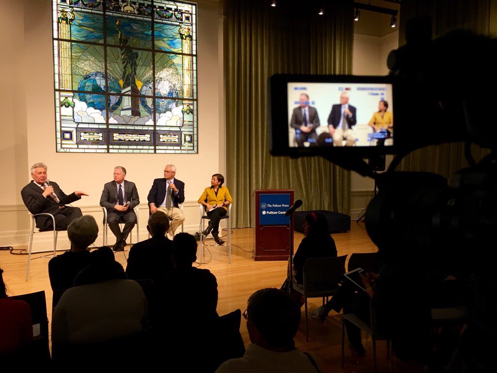 From the left, Jon Sawyer, David Rohde, Larry C. Price and Sheila Coronel (accompanied by a video of Paul Salopek) discuss the Pulitzer legacy within the future of journalism, in the Pulitzer Hall's World Room at the Columbia University School of Journalism. Image by Steve Sapienza. New York, 2016. Media file: cfzia03wqaacn2c.jpg