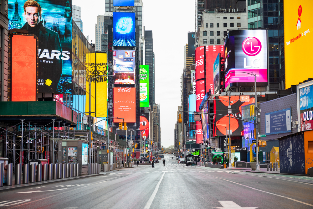 No crowds in Times Square after self-quarantine and social distancing was put in place in New York City to slow the spread of the COVID-19 pandemic. Image by Shutterstock. United States, 2020. No crowds in Times Square after self-quarantine and social distancing was put in place in New York City to slow the spread of the COVID-19 pandemic. Image by Shutterstock. United States, 2020.