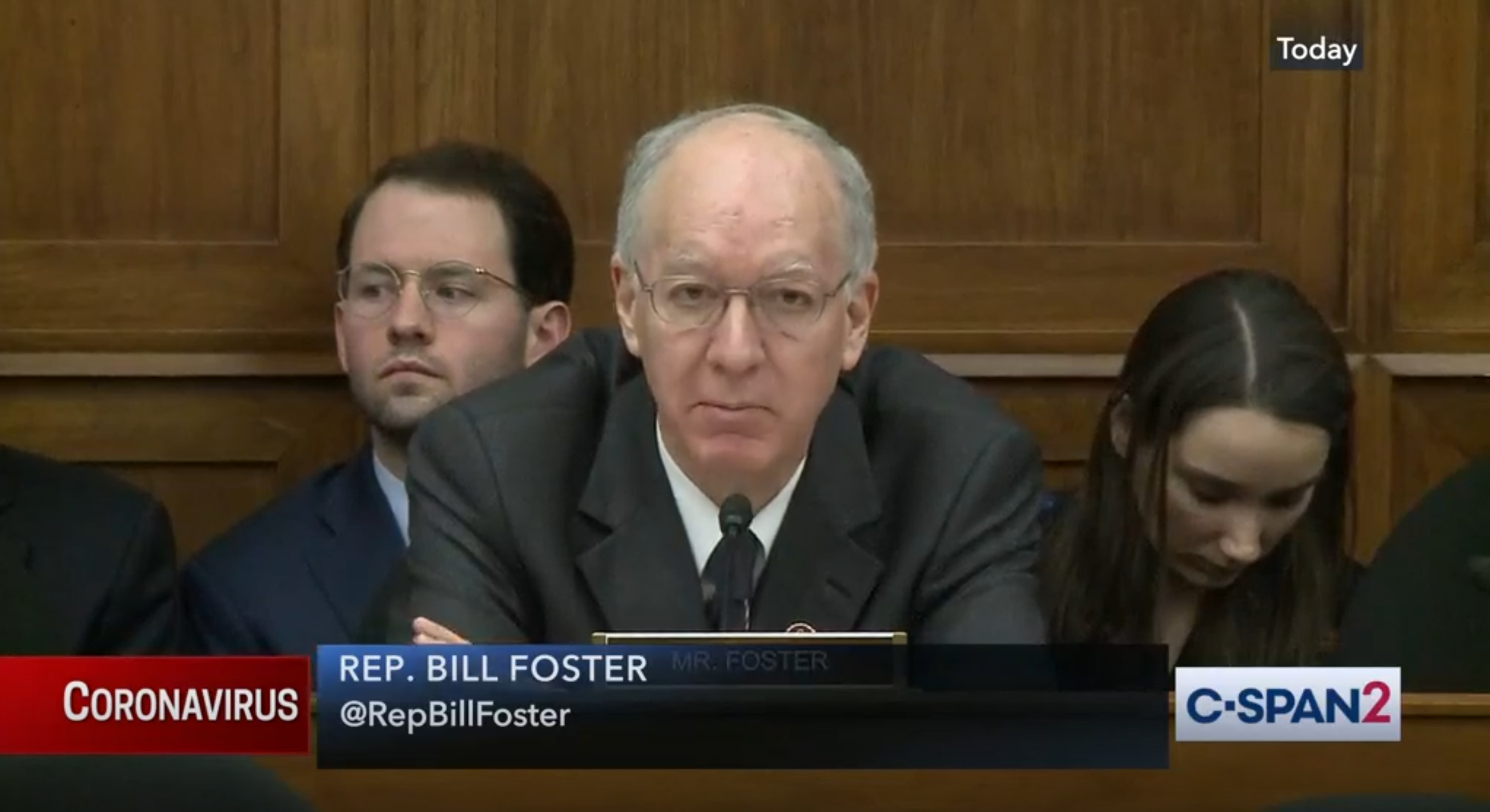 U.S. Representative Bill Foster (D-IL) during the hearing on the coronavirus on March 5. Image courtesy C-SPAN. U.S. Representative Bill Foster (D-IL) during the hearing on the coronavirus on March 5. Image courtesy C-SPAN.