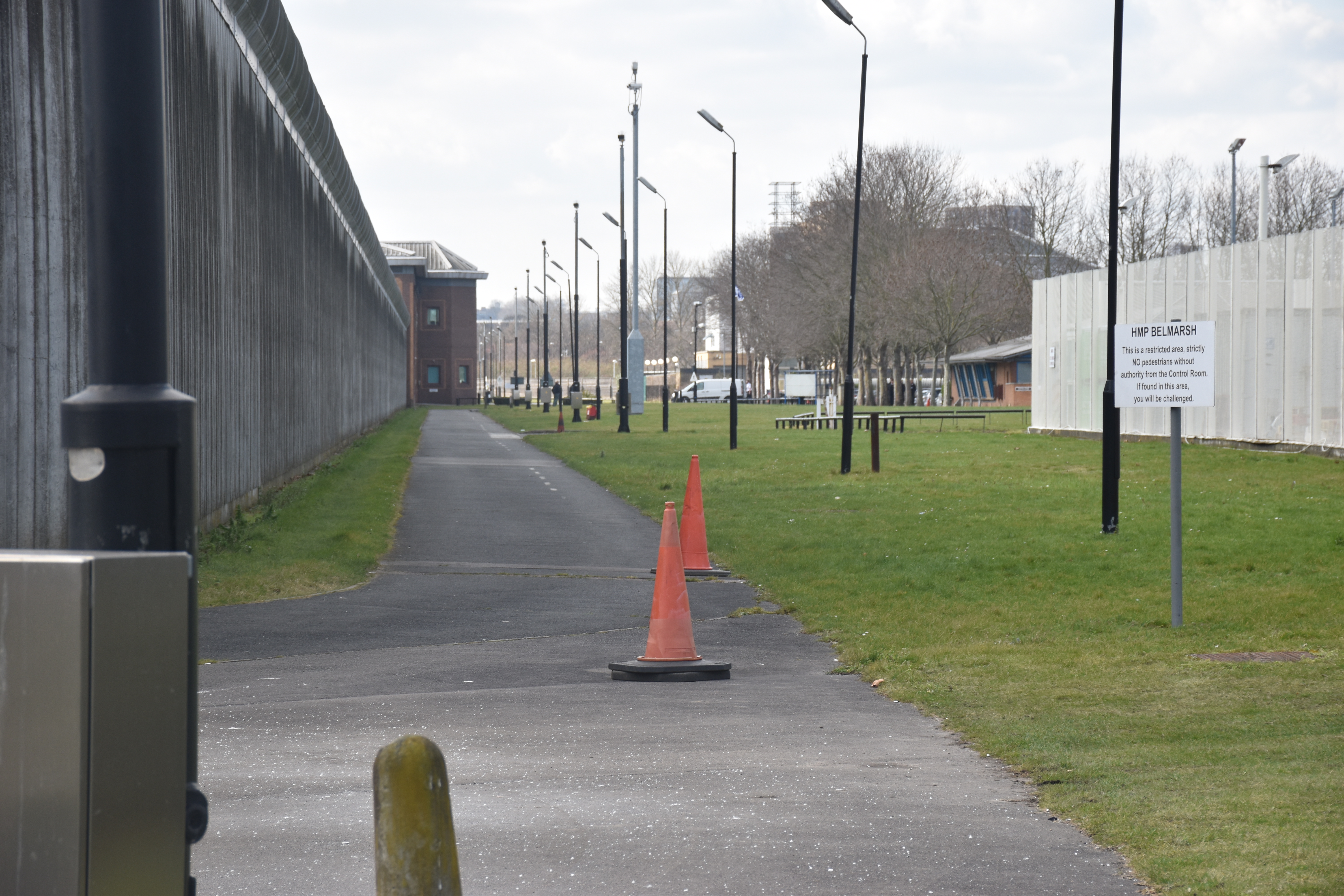 The front wall of H.M.P Belmarsh, running hundreds of yards around the maximum security facility. The front wall of H.M.P Belmarsh, running hundreds of yards around the maximum security facility.