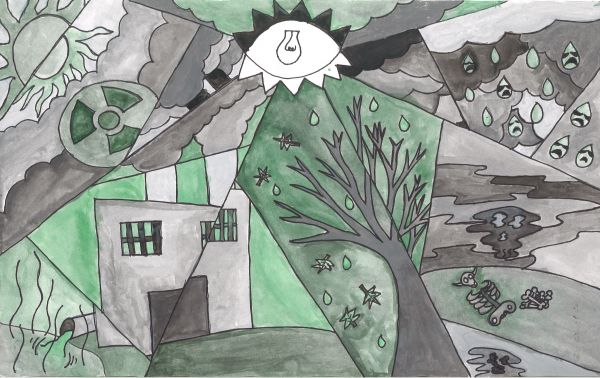 Artist: Keelyn M. Title: “Green Acid” "My artwork connects to Picasso's Guernica because it has the broken mirror effect and uses a monochromatic color scheme. Also, there are different points of view shown in the shards of glass. I made this because I have always been interested in the topic of acid rain and I don't think people know how deadly acid rain can be to our homes and how we live. I wanted to show that in my art." Acid rain seen through Picasso's Guernica