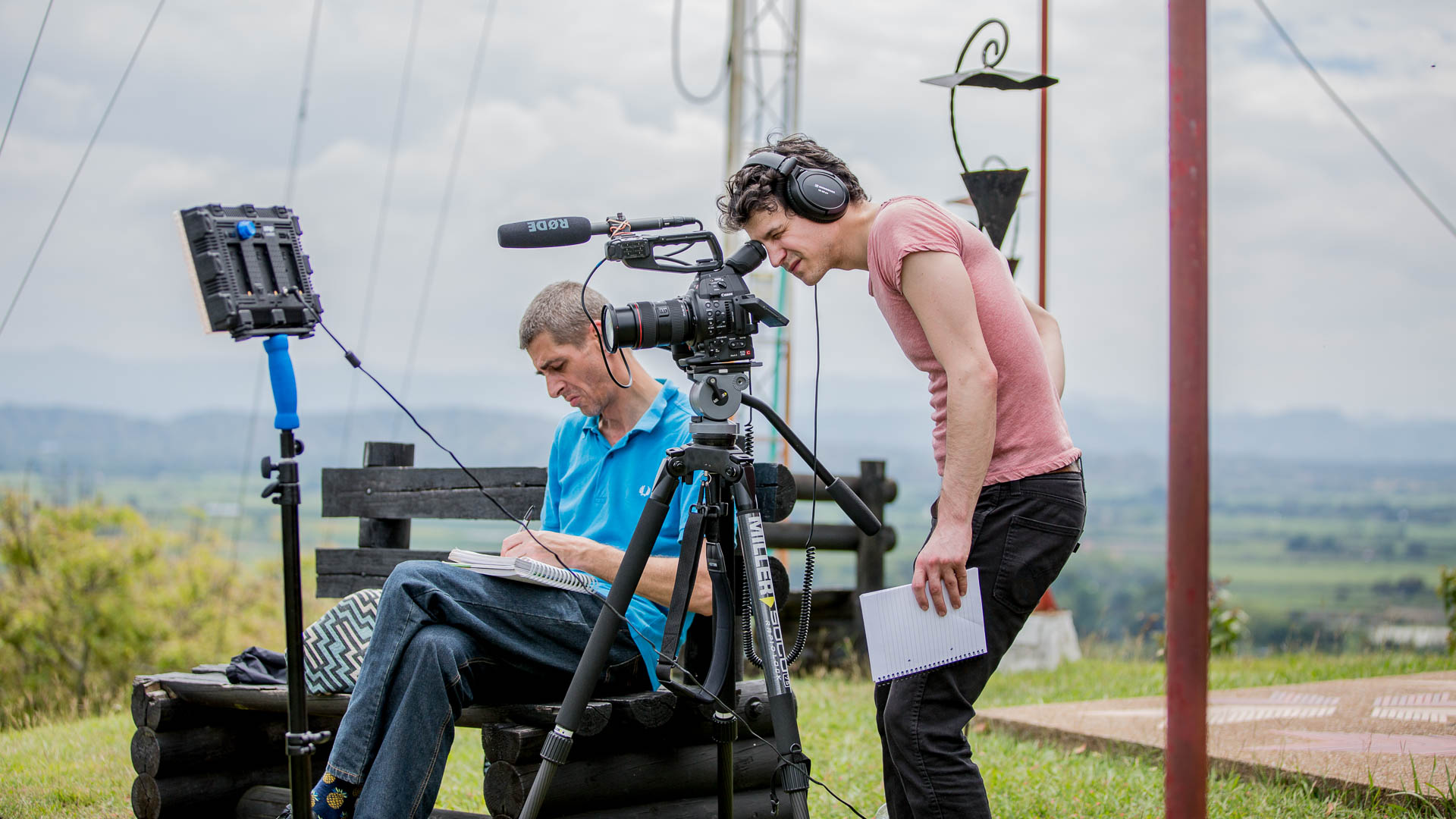Filming an interview with an ex-combatant in La Union, Colombia. Filming interviews in Colombia