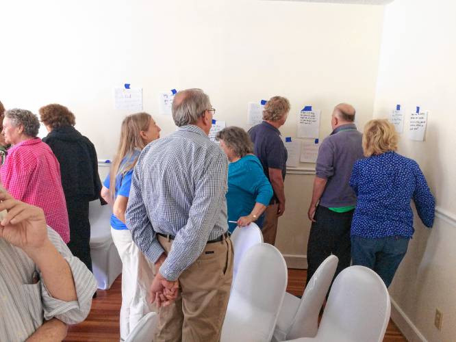 Leverett and Letcher County participants survey questions they had posed at their last meeting about what they still wanted to know about one another. Image by Richie Davis. United States, 2018. Leverett and Letcher County participants survey questions they had posed at their last meeting about what they still wanted to know about one another. Image by Richie Davis. United States, 2018.