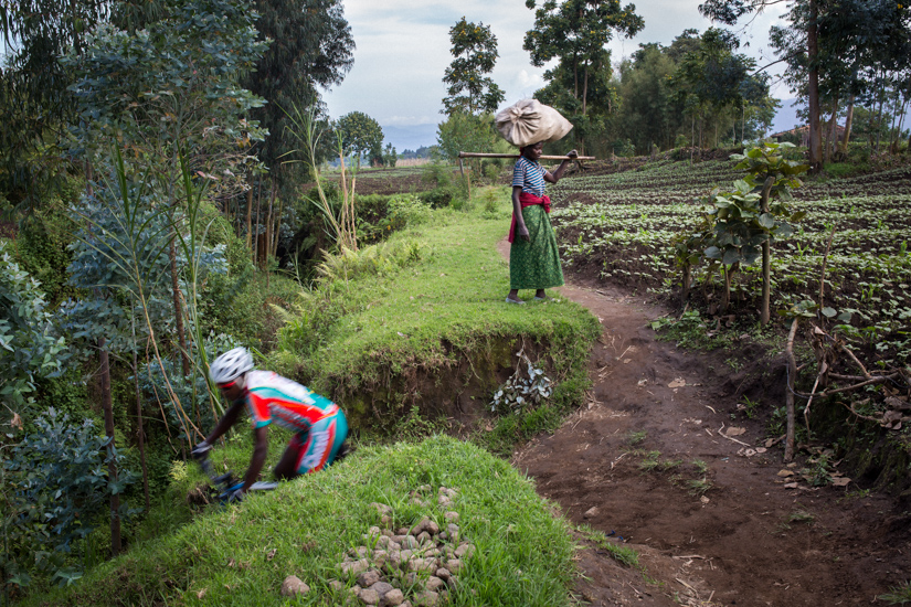 Rider Nathan Byukusenge, training on the recently opened MTB track up north near the Volcanoes National Park. Nathan, who started as a bycicle taxi driver, is now competing internationally and one of the pioneers of the Team Rwanda. Image by Juan Herrero. Rwanda, 2015.