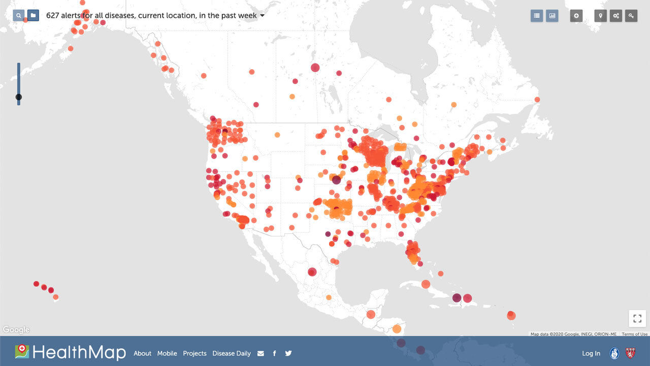 HealthMap uses artificial intelligence and data mining to spot disease outbreaks and issue location-specific alerts (colored dots) on COVID-19 and other diseases. It sounded an early alarm on the pandemic. Image by HealthMap. United States, 2020. HealthMap uses artificial intelligence and data mining to spot disease outbreaks and issue location-specific alerts (colored dots) on COVID-19 and other diseases. It sounded an early alarm on the pandemic. Image by HealthMap. United States, 2020.