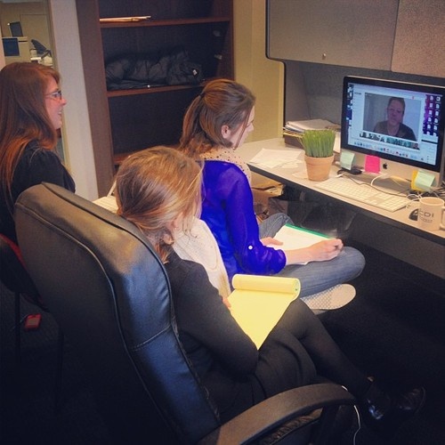 Pulitzer Center staffers facilitate a Google Hangout between Cairo-based journalist Sharif Abdel Kouddous and a class of ninth-graders in Westport, Connecticut, who wanted to discuss the Arab Spring. Instagram photo by Meghan Dhaliwal. United States, 2012. Media file: pic.jpg