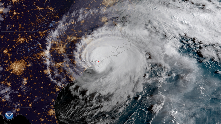 Hurricane Florence makes landfall near Wrightsville Beach at 7:15am September 14, 2018, as a Category 1 storm. Image by NOAA. United States, 2020. Hurricane Florence makes landfall near Wrightsville Beach at 7:15am September 14, 2018, as a Category 1 storm. The GOES East satellite captured this geocolor image of the massive storm at 7:45am ET, shortly after it moved ashore. Image by NOAA. United States, 2020.
