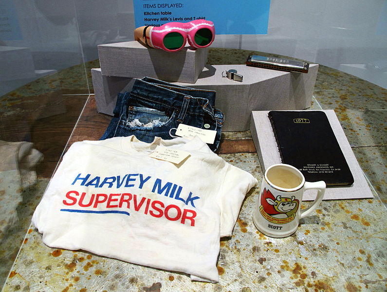 Some of Harvey Milk's belongings at the GLBT History Museum in San Francisco. Image by Gerard Koskovich via Wikimedia Commons. Media file: 795px-glbt_museum_milk.jpg