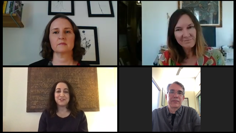 Lori Hinnant (top left), Julie Watson (top right), Tim Sullivan (bottom right), and Farnaz Fassihi (bottom left) discuss the Pulitzer Center-sponsored "Outsourcing Migrants" project. Image by Ethan Ehrenhaft. United States, 2020. Lori Hinnant (top left), Julie Watson (top right), Tim Sullivan (bottom right), and Farnaz Fassihi (bottom left) discuss the Pulitzer Center-sponsored "Outsourcing Migrants" project. Image by Ethan Ehrenhaft. United States, 2020.