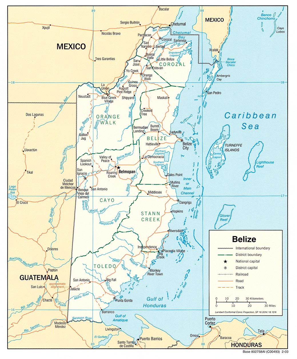 Political map of Belize. Map by U.S. Central Intelligence Agency (University of Texas Libraries), via Wikimedia Commons, 2003. Media file: belize_pol_03_1.jpg