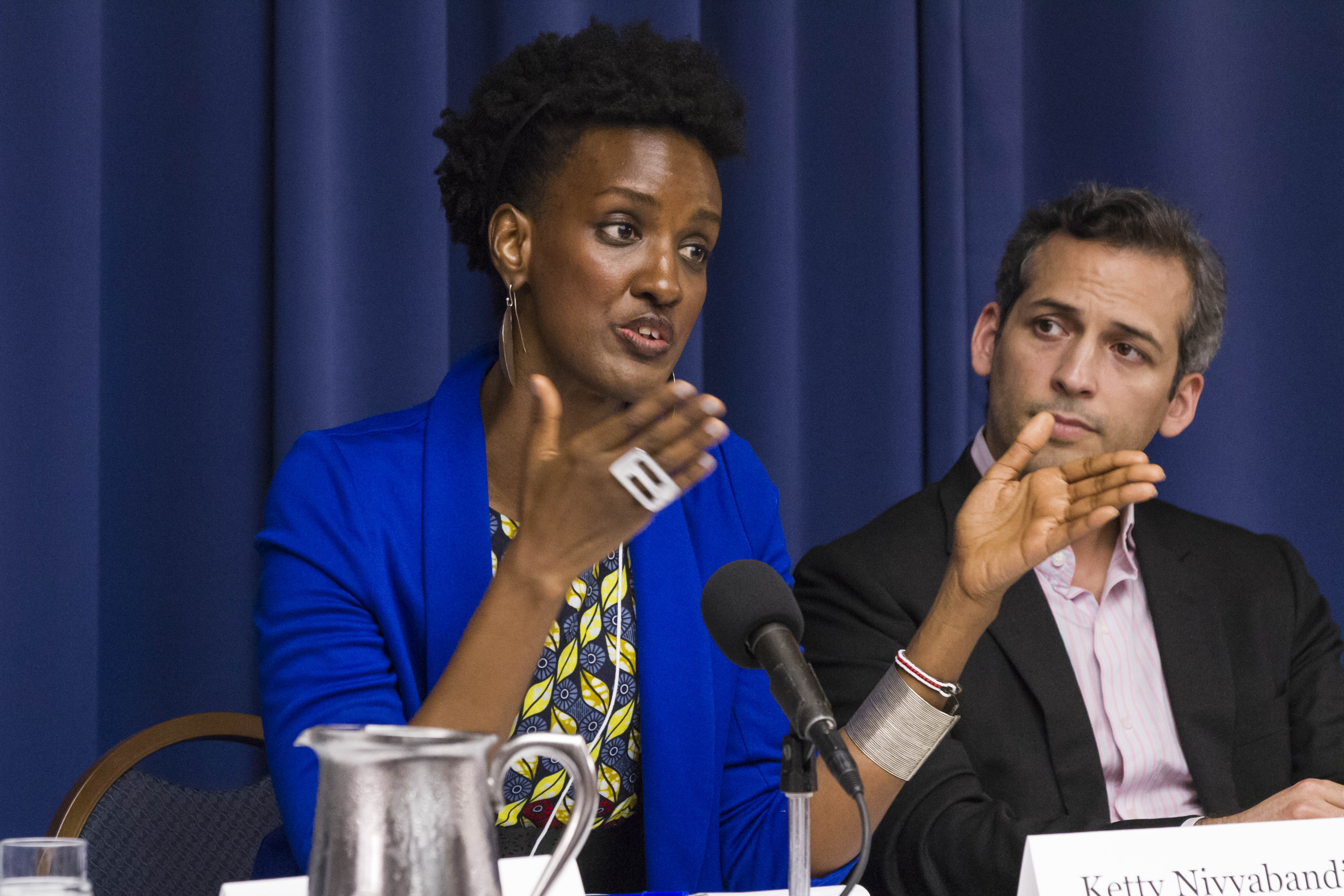 Ketty Nivyabandi, Burundian activist, speaks on a panel about the role of social media in conflict and peace reporting. Image by Jin Ding. Washington, DC, 2018. Ketty Nivyabandi, Burundian activist, speaks on a panel about the role of social media in conflict and peace reporting. Image by Jin Ding. Washington, DC, 2018.